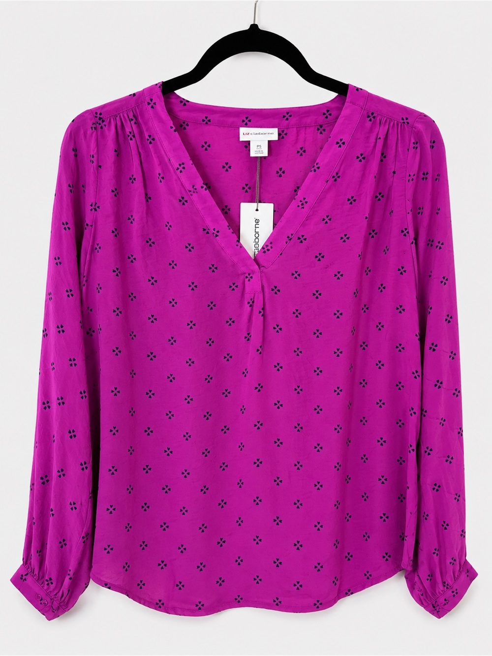 Liz Claiborne EcoVero Orchid Foulard V Neck Top Geometric Fuchsia Petite Small N